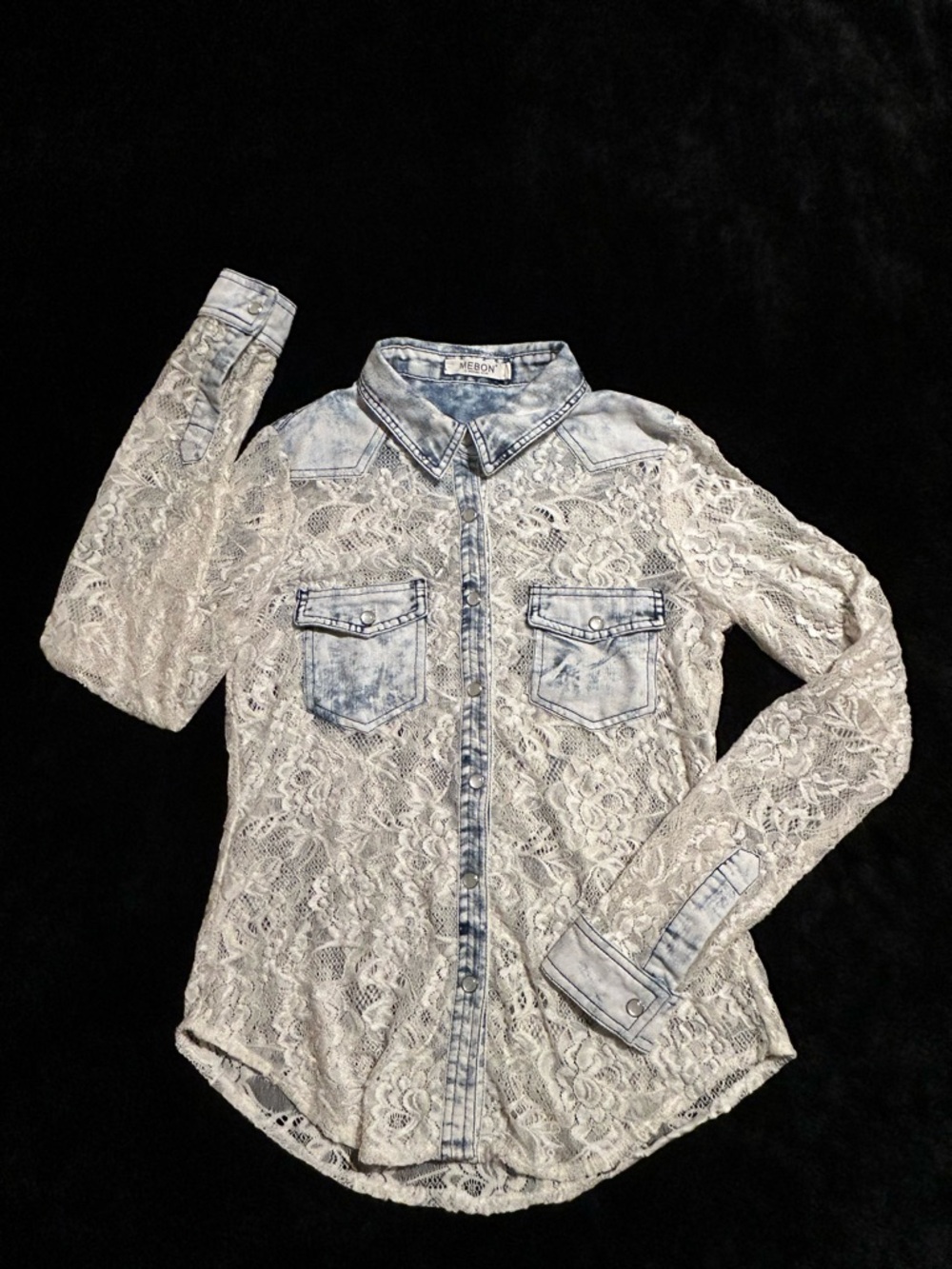 Lace & Denim Button-Up Shirt - White with Faded Blue Accents